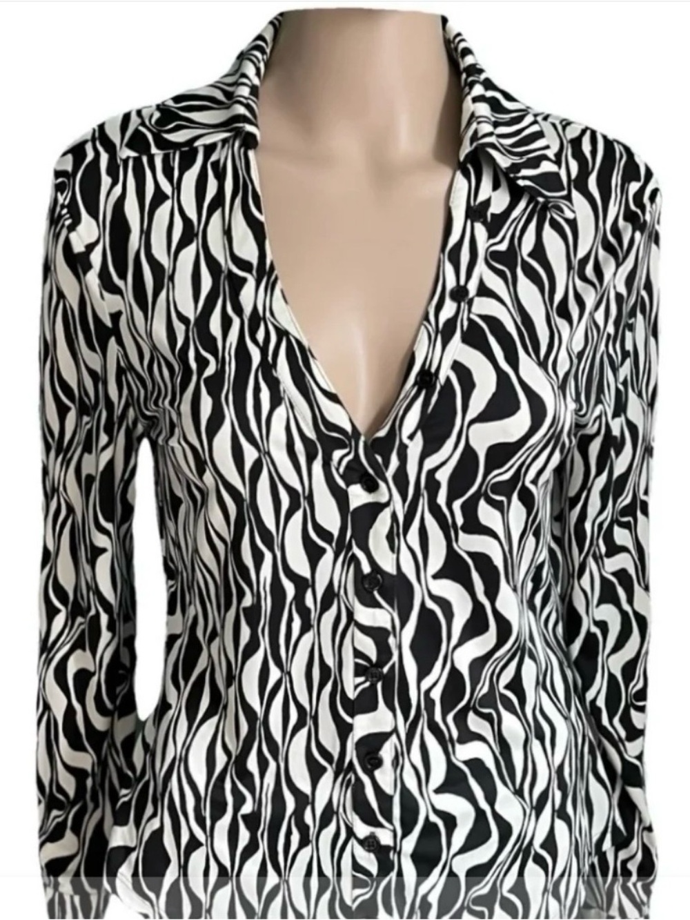Zara Black White Geometric Print Blouse Career Button Down S